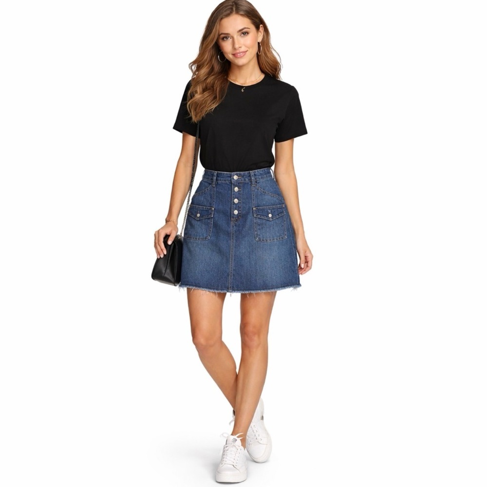 Y2K Gloria Vanderbilt Denim Skirt Size 12 Blue Button Front Raw Hem VTG